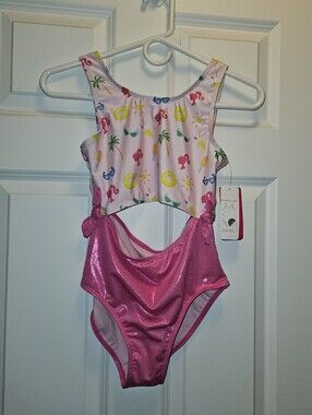 Barbie Pink Tropical Print Girls' One Piece Swimsuit. NWT. Size 10/12
